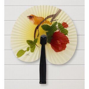 Chinese Paper Hand Fan Orange Bird Red Flowers Black Handle Foldable 10” China